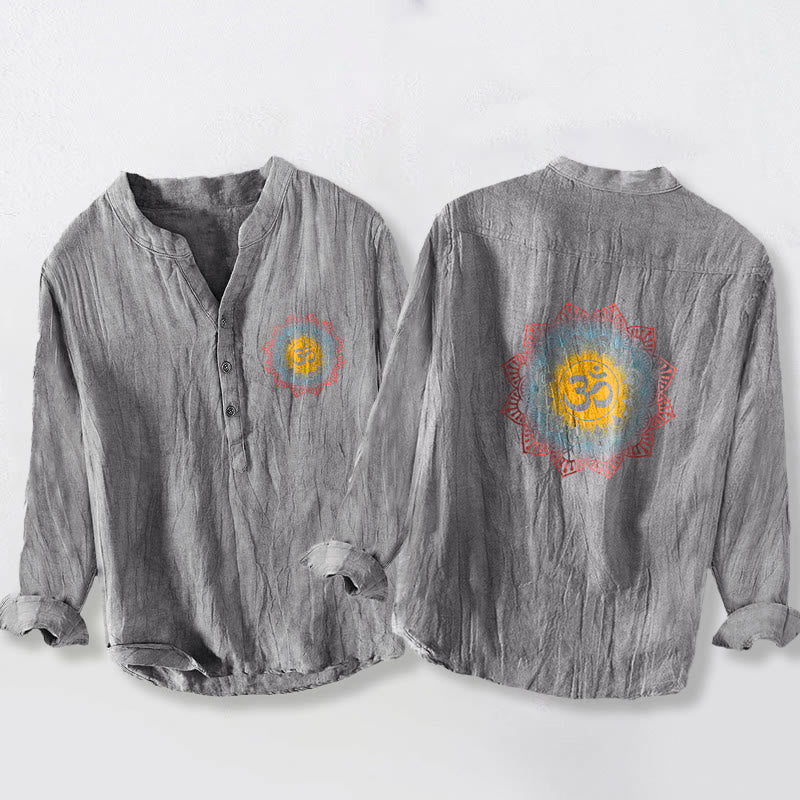 Buddha Stones Half Buttons Mandala Om Symbol Pattern Men's Cotton Linen Long Sleeve Shirt - Gray - US/UK/AU50，EU60 (5XL) - image 6