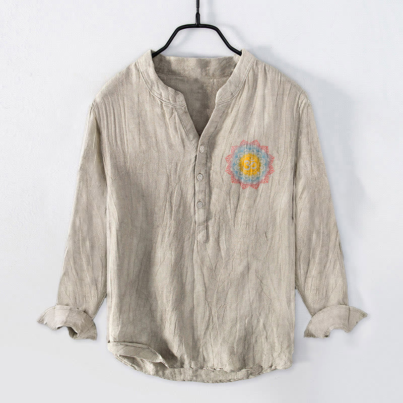 Buddha Stones Half Buttons Mandala Om Symbol Pattern Men's Cotton Linen Long Sleeve Shirt - image 4