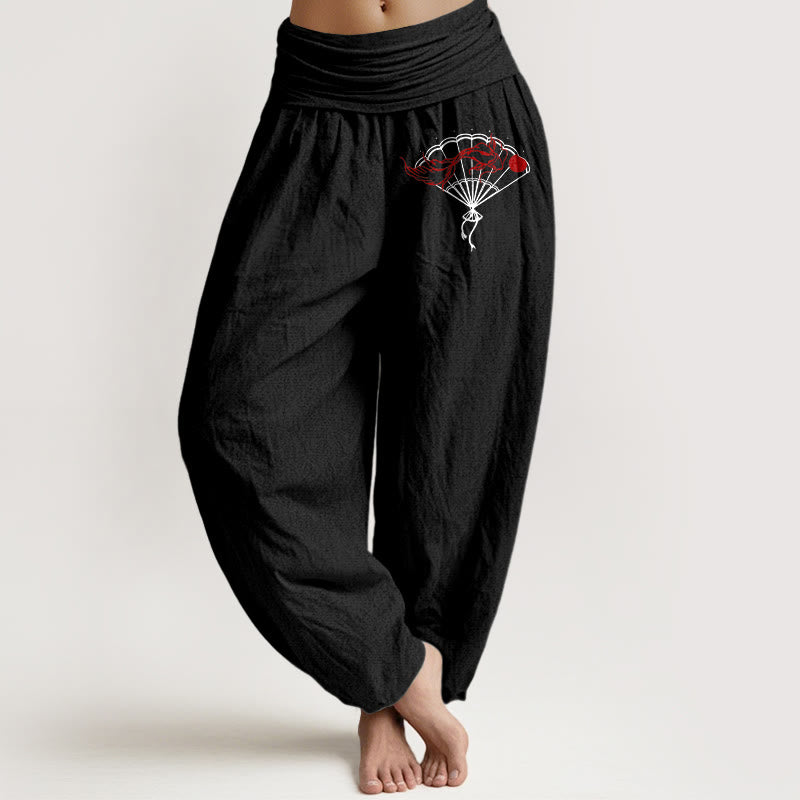 Buddha Stones Fan Red Fish Pattern Women's Elastic Waist Harem Pure Cotton Pants - Black - US22，UK/AU26，EU54 (6XL) - image 5