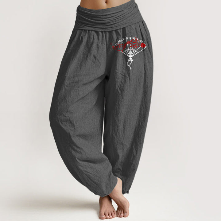 Buddha Stones Fan Red Fish Pattern Women's Elastic Waist Harem Pure Cotton Pants - DimGray - US22，UK/AU26，EU54 (6XL) - image 11