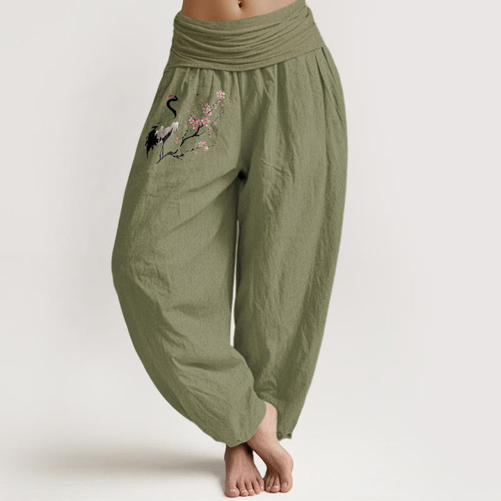 Buddha Stones Crane Blooming Branches Pattern Women's Elastic Waist Harem Pure Cotton Pants - OliveDrab - US22，UK/AU26，EU54 (6XL) - image 14