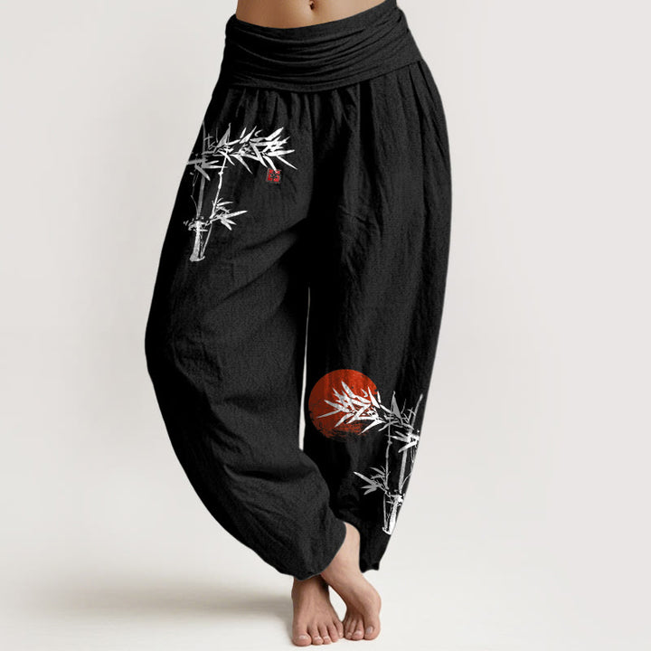 Buddha Stones Bamboo Leaves Red Sun Pattern Women's Elastic Waist Harem Pure Cotton Pants - Black - US22，UK/AU26，EU54 (6XL) - image 5