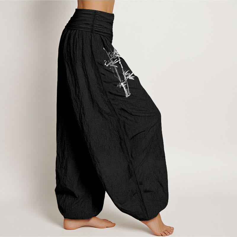 Buddha Stones Bamboo Leaves Red Sun Pattern Women's Elastic Waist Harem Pure Cotton Pants - image 6