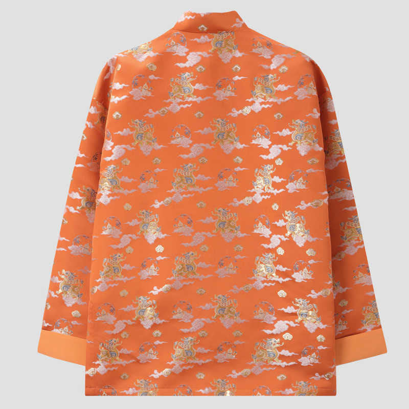 Buddha Stones Orange Kirin Auspicious Clouds Frog-Button Long Sleeve Men's Jacket With Pockets - image 1