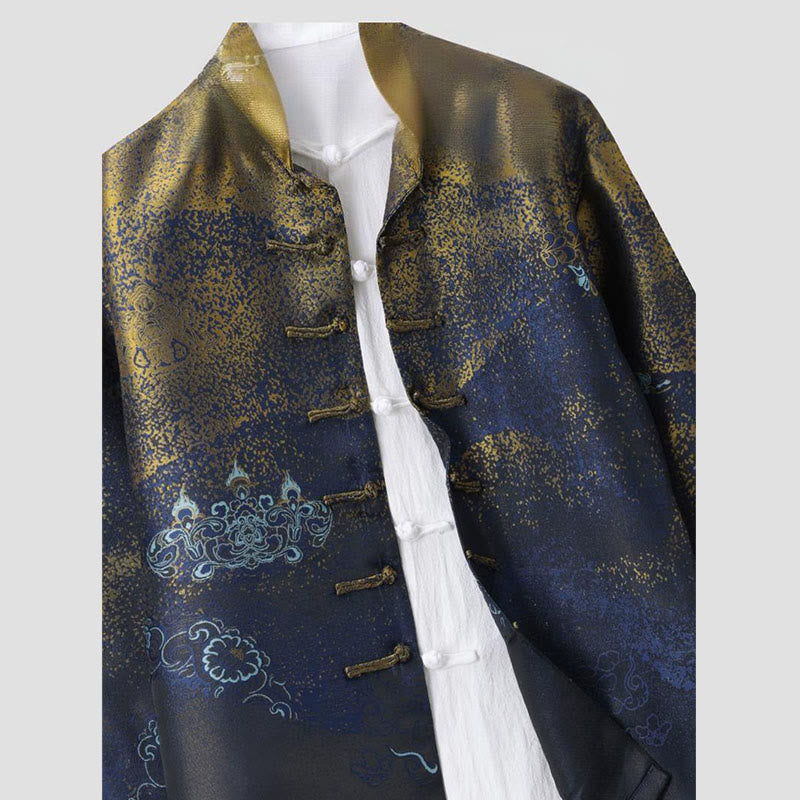 Buddha Stones Golden Desert Blue Flowers Frog-Button Long Sleeve Men's Jacket With Pockets - image 3