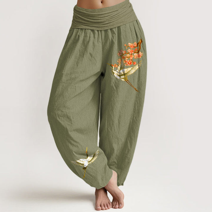 Buddha Stones Plain Crane Peach Blossom Pattern Women's Elastic Waist Harem Pure Cotton Pants - OliveDrab - US22，UK/AU26，EU54 (6XL) - image 14