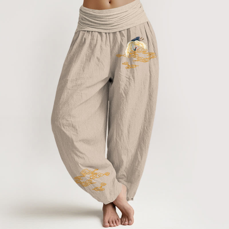 Buddha Stones Plain Crane Auspicious Clouds Pattern Women's Elastic Waist Harem Cotton Pants - Tan - US22，UK/AU26，EU54 (6XL) - image 11