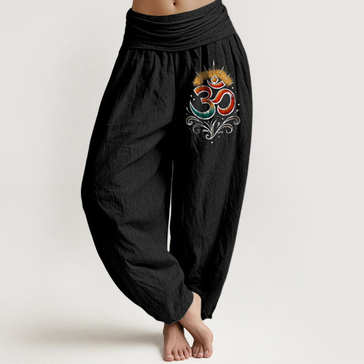 Buddha Stones Om Symbol Light Pattern Women's Elastic Waist Harem Cotton Pants - Black - US22，UK/AU26，EU54 (6XL) - image 5