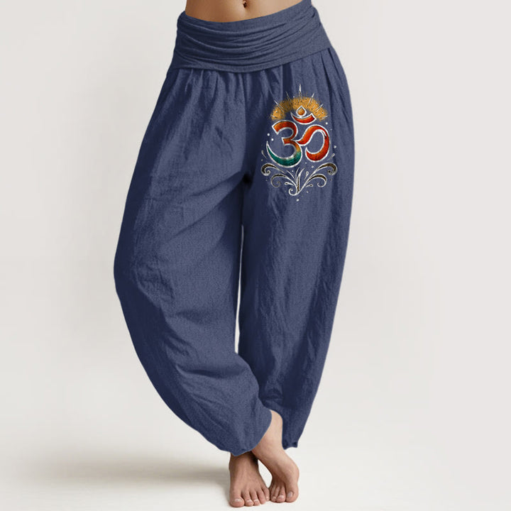 Buddha Stones Om Symbol Light Pattern Women's Elastic Waist Harem Cotton Pants - DarkSlateBlue - US22，UK/AU26，EU54 (6XL) - image 8