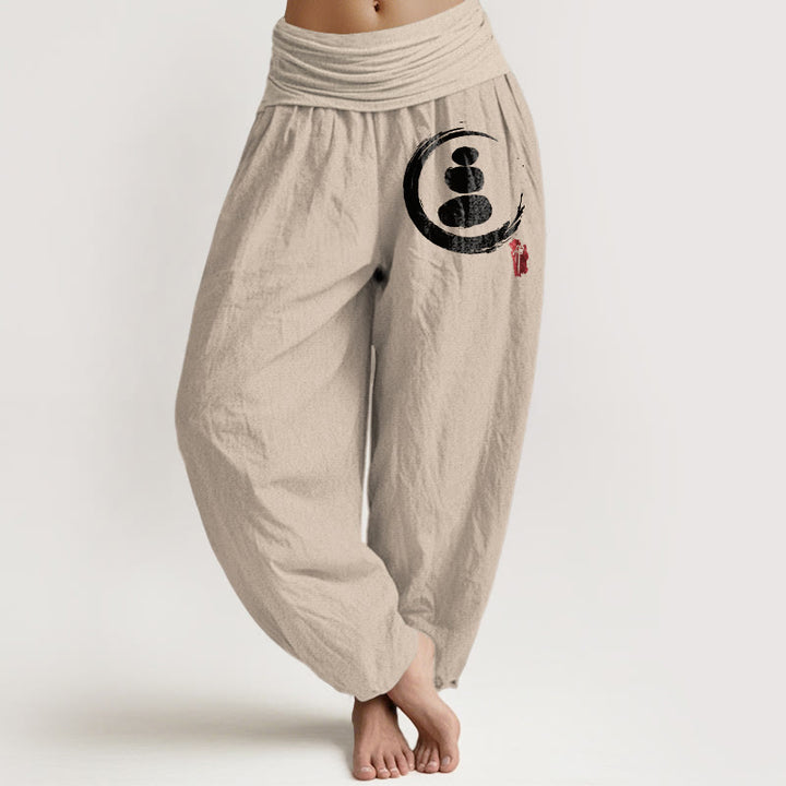 Buddha Stones Ensō Circle Stacked Stones Pattern Women's Elastic Waist Harem Cotton Pants - Tan - US22，UK/AU26，EU54 (6XL) - image 14