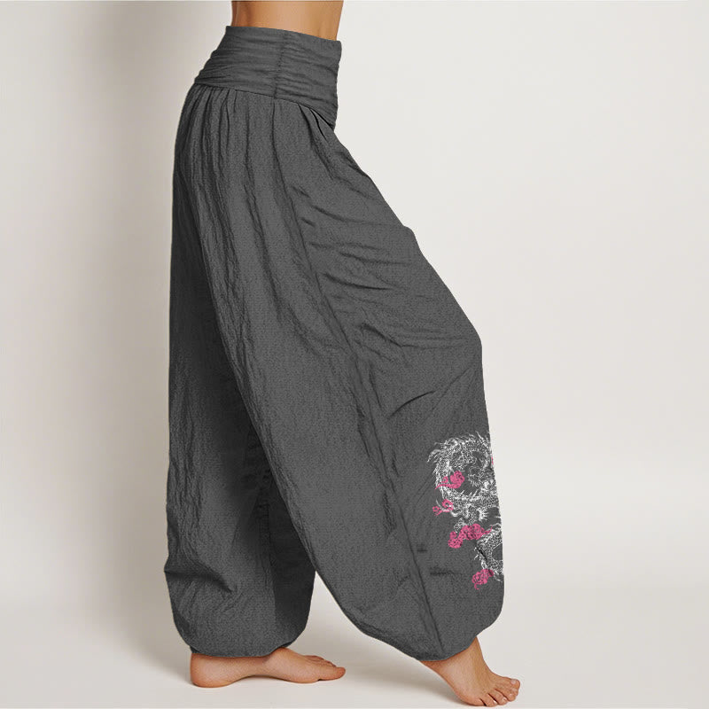 Buddha Stones Dragon Auspicious Clouds Flower Pattern Women's Elastic Waist Harem Cotton Pants - image 9