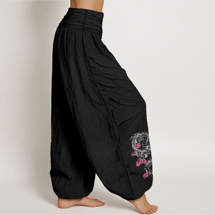 Buddha Stones Dragon Auspicious Clouds Flower Pattern Women's Elastic Waist Harem Cotton Pants - image 1