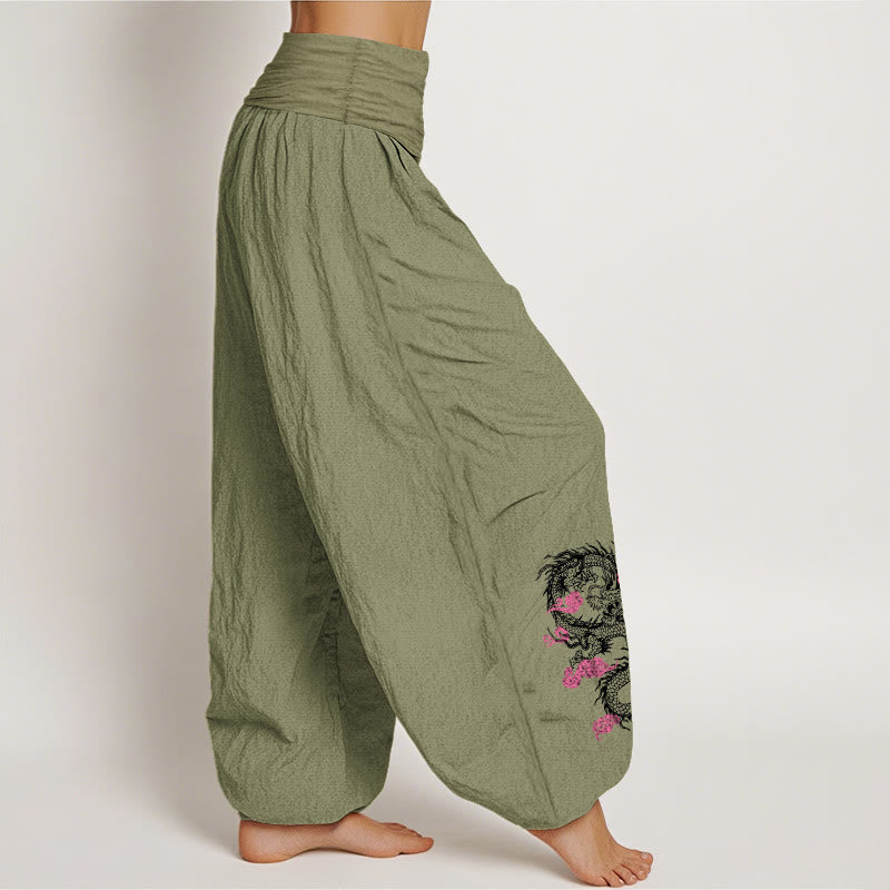 Buddha Stones Dragon Auspicious Clouds Flower Pattern Women's Elastic Waist Harem Cotton Pants - image 15