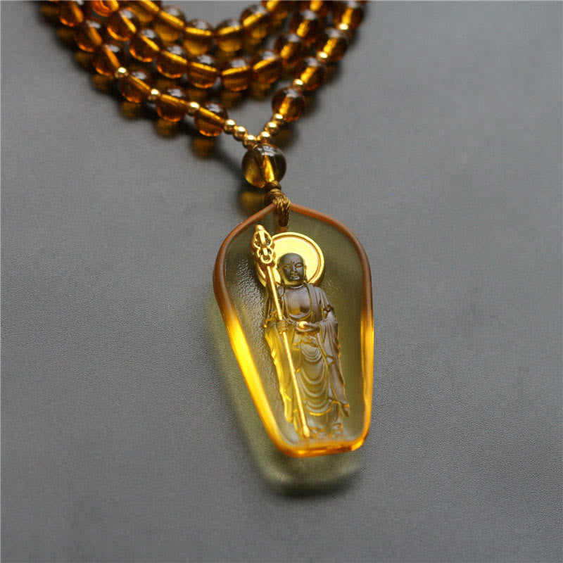 Buddha Stones Tibetan Buddha Liuli Crystal Ksitigarbha Bodhisattva Serenity Necklace Pendant - Ksitigarbha With A Scepter & Yellow - image 2