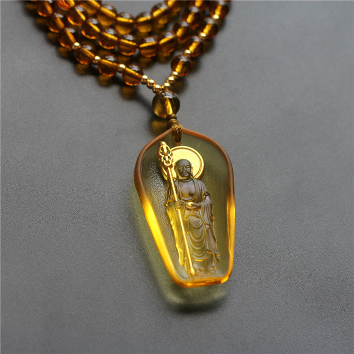 Buddha Stones Tibetan Buddha Liuli Crystal Ksitigarbha Bodhisattva Serenity Necklace Pendant - Ksitigarbha With A Scepter & Yellow - image 2