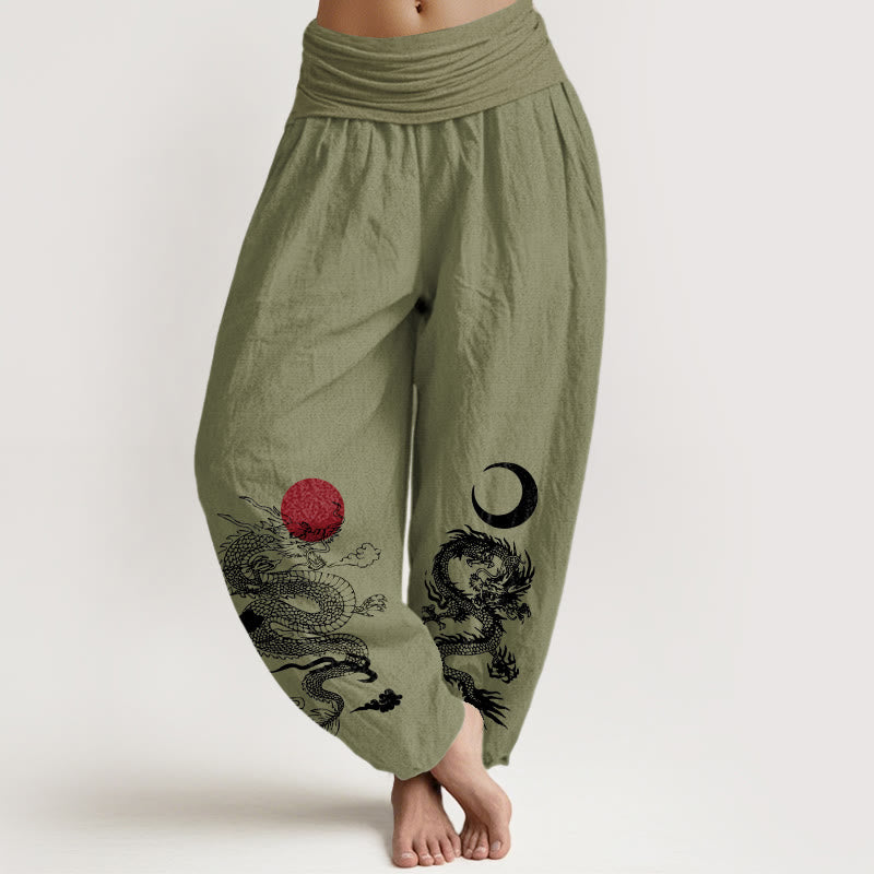 Buddha Stones Pure Cotton Dragon Sun Moon Pattern Women's Elastic Waist Harem Pants - OliveDrab - US22，UK/AU26，EU54 (6XL) - image 14