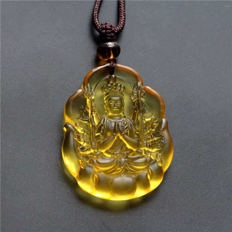 Buddha Stones Liuli Crystal Chinese Zodiac Natal Buddha Protection Necklace Pendant - Rat-Thousand-armed Avalokitesvara - image 1