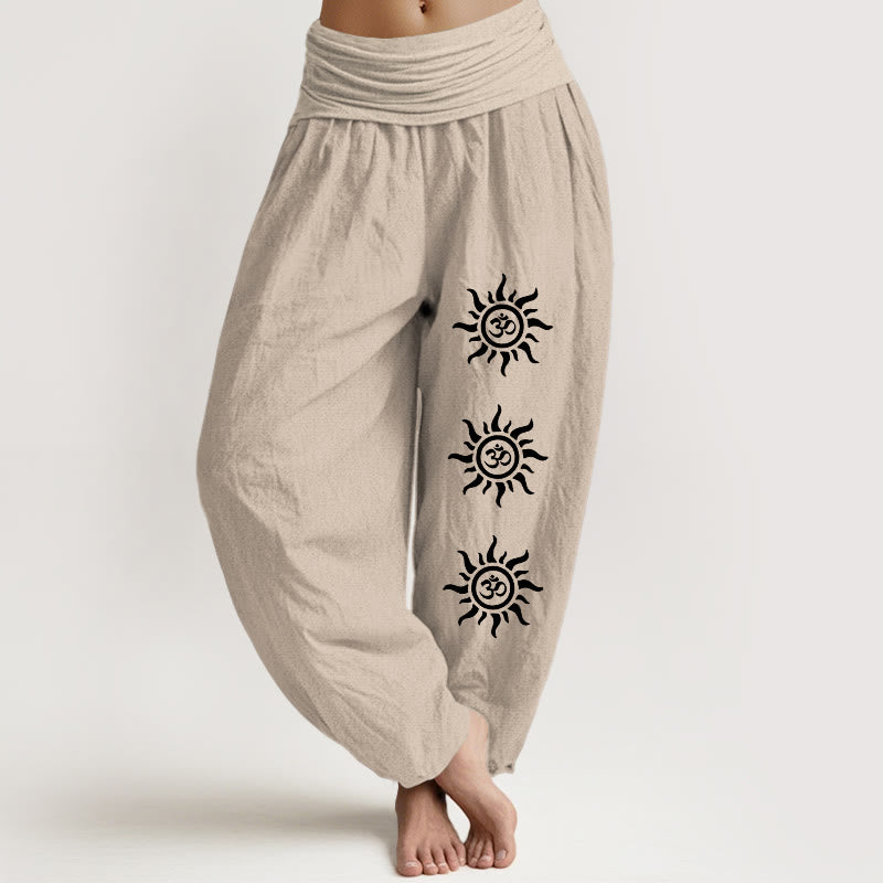 Buddha Stones Solid Color Pure Cotton Sun Om Symbol Pattern Women's Elastic Waist Harem Pants - Tan - US22，UK/AU26，EU54 (6XL) - image 14