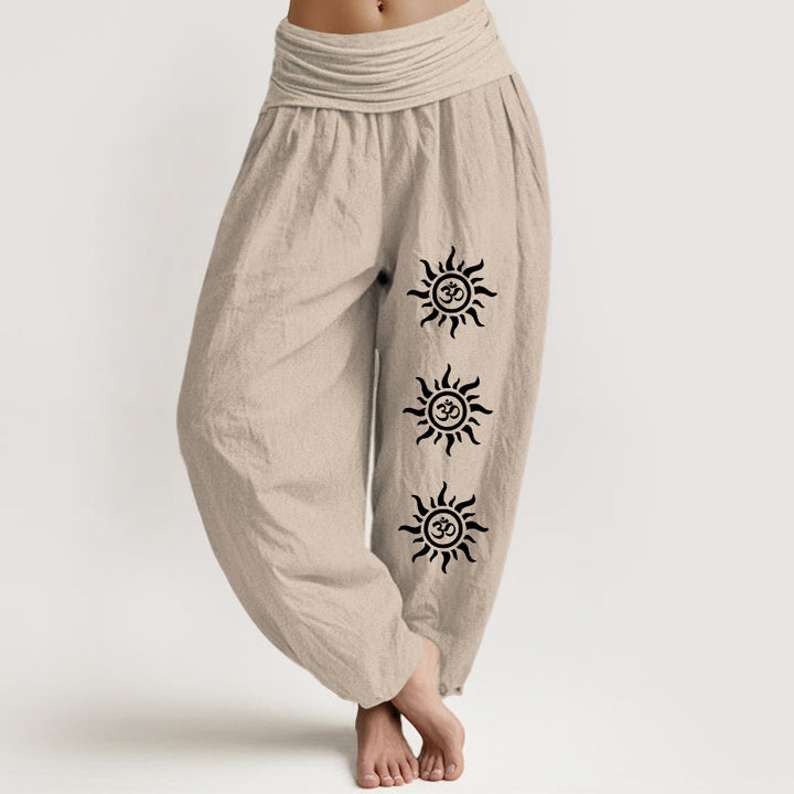 Buddha Stones Solid Color Pure Cotton Sun Om Symbol Pattern Women's Elastic Waist Harem Pants - Tan - US22，UK/AU26，EU54 (6XL) - image 14