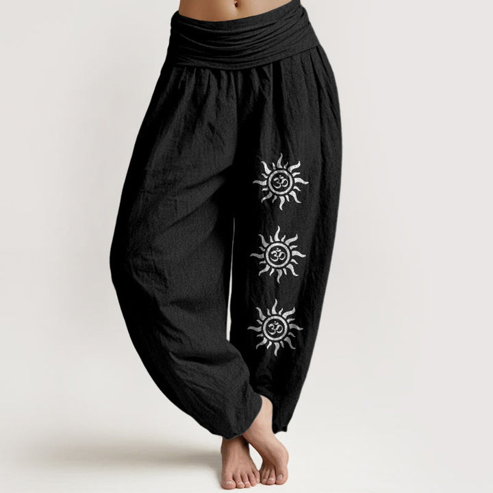 Buddha Stones Solid Color Pure Cotton Sun Om Symbol Pattern Women's Elastic Waist Harem Pants - Black - US22，UK/AU26，EU54 (6XL) - image 5