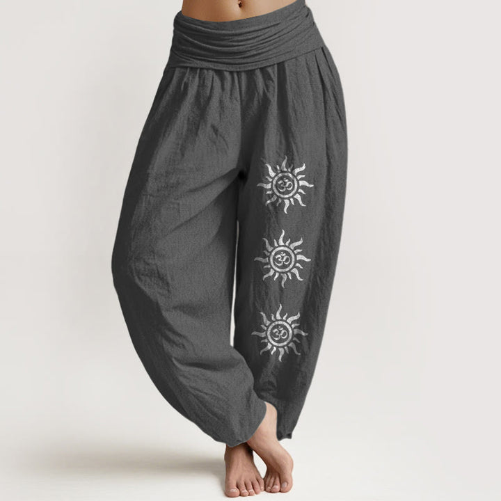Buddha Stones Solid Color Pure Cotton Sun Om Symbol Pattern Women's Elastic Waist Harem Pants - DimGray - US22，UK/AU26，EU54 (6XL) - image 11