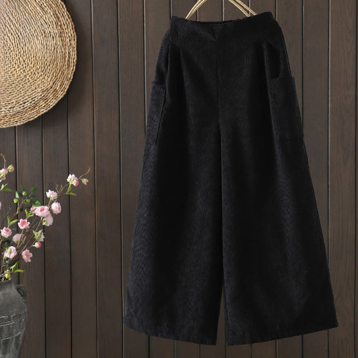 Buddha Stones Fleece-Lined High Waist Women's Wide Leg Corduroy Cotton Pants With Pockets - Black - US8-10，UK/AU12-14，EU40-42 (2XL) - image 10