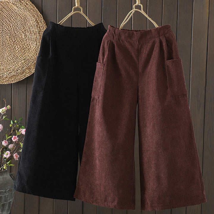 Buddha Stones Fleece-Lined High Waist Women's Wide Leg Corduroy Cotton Pants With Pockets - image 16