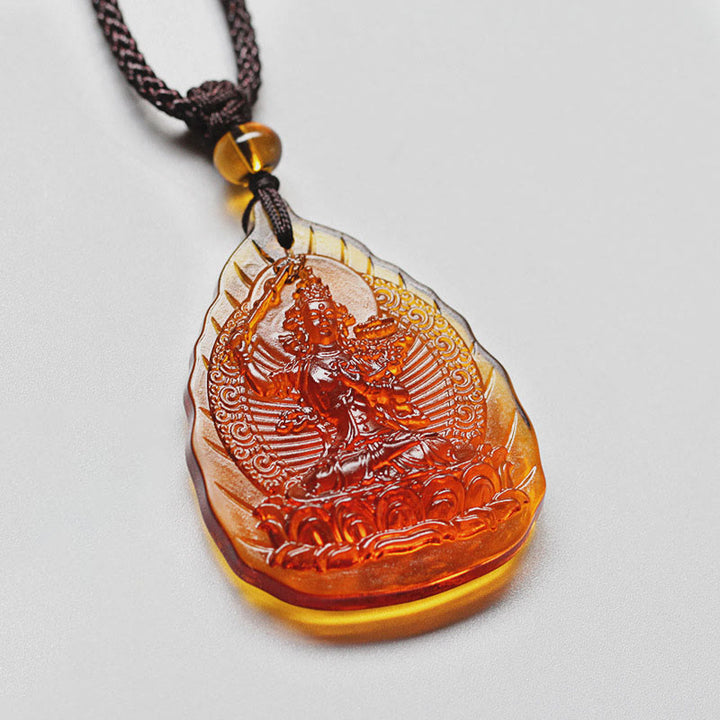 Buddha Stones Liuli Crystal Chinese Zodiac Natal Buddha Protection Leaf Shape Necklace Pendant - Rabbit-Manjushri Bodhisattva - image 2