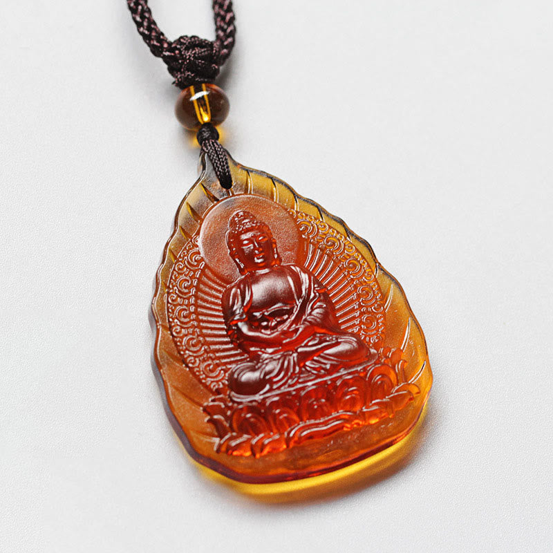 Buddha Stones Liuli Crystal Chinese Zodiac Natal Buddha Protection Leaf Shape Necklace Pendant - Goat/Monkey-Tathagata - image 9