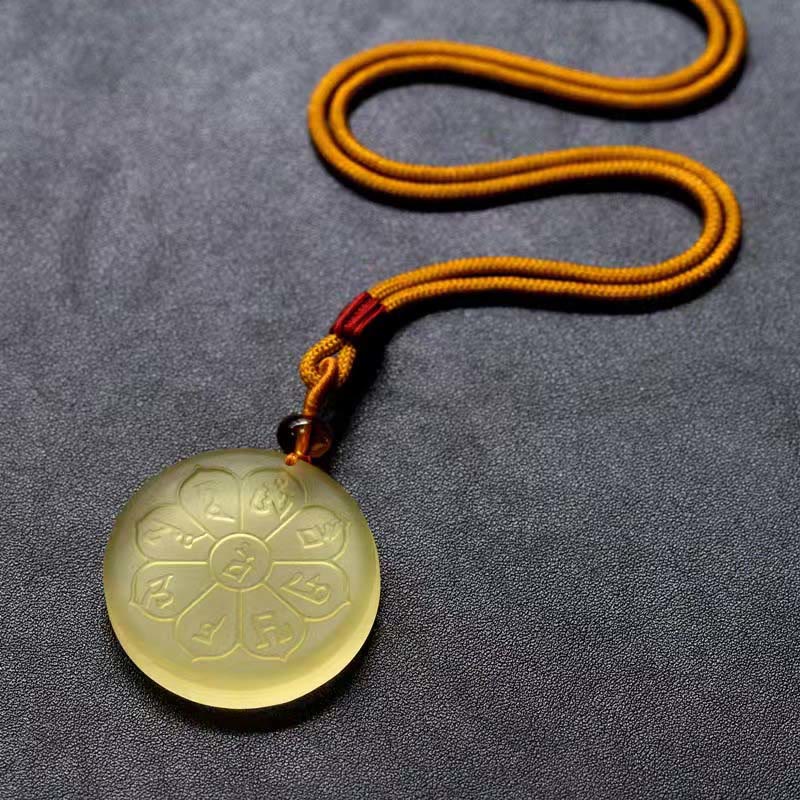 Buddha Stones Liuli Crystal Wealth God Mantra Abundance Eight-petal Shape Necklace Pendant - image 1