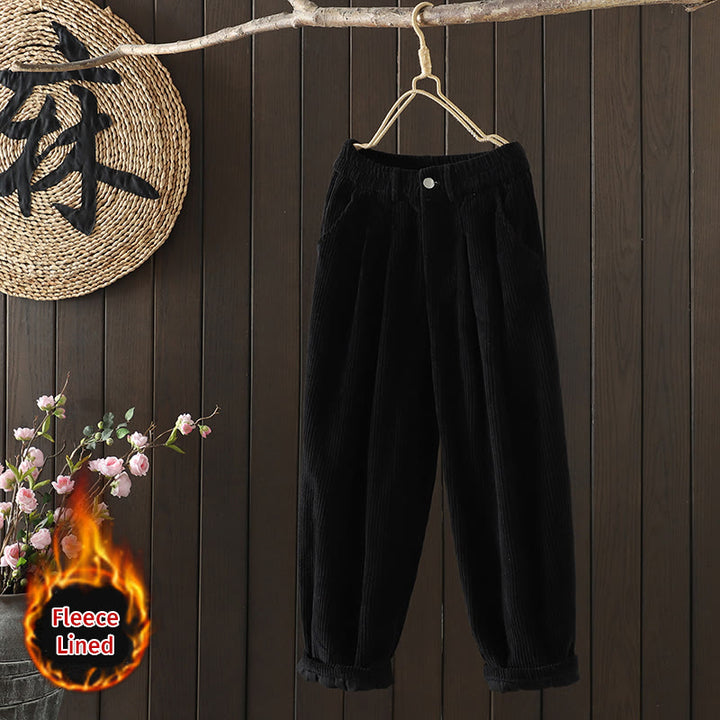 Buddha Stones Women's Winter Plain Corduroy Cotton High Waist Fleece-Lined Harem Pants With Pockets - Black - US8-10，UK/AU12-14，EU40-42 (2XL) - image 11