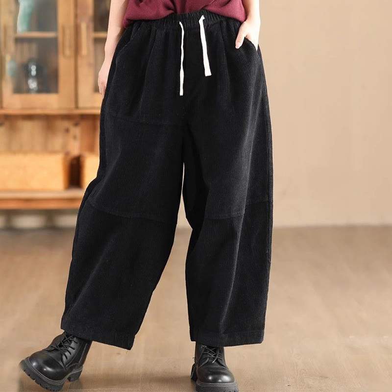 Buddha Stones Women's Drawstring Design Cotton Corduroy Thermal Fleece-Lined Pants With Pockets - Black - US14，UK/AU18，EU46 (4XL) - image 3