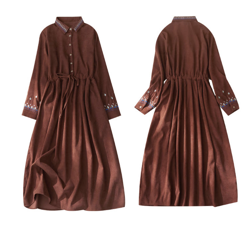 Buddha Stones Embroidered Floral Pattern Lace-up Design Long Sleeve Midi Dress With Pockets - image 9