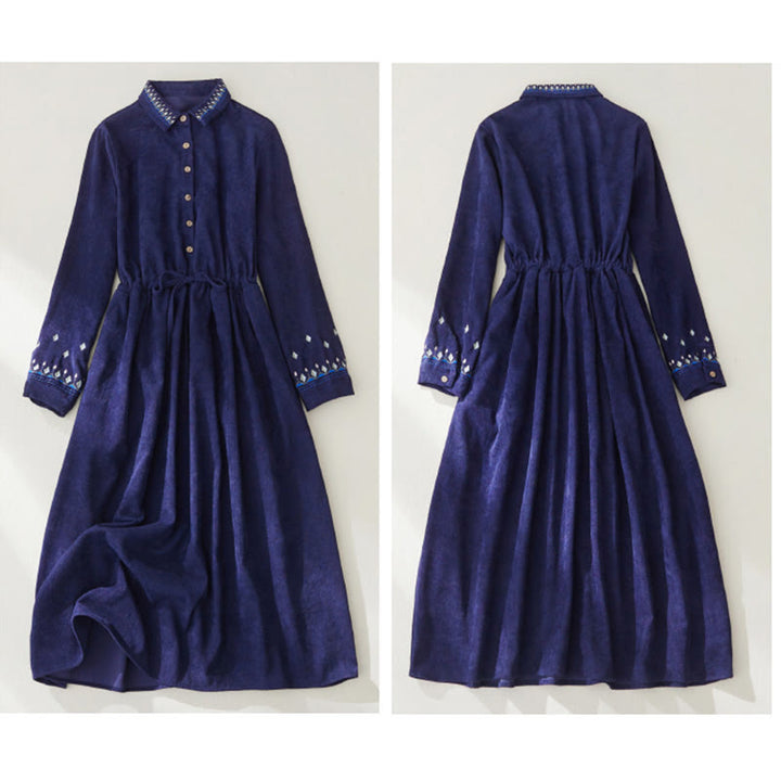 Buddha Stones Embroidered Floral Pattern Lace-up Design Long Sleeve Midi Dress With Pockets - image 13