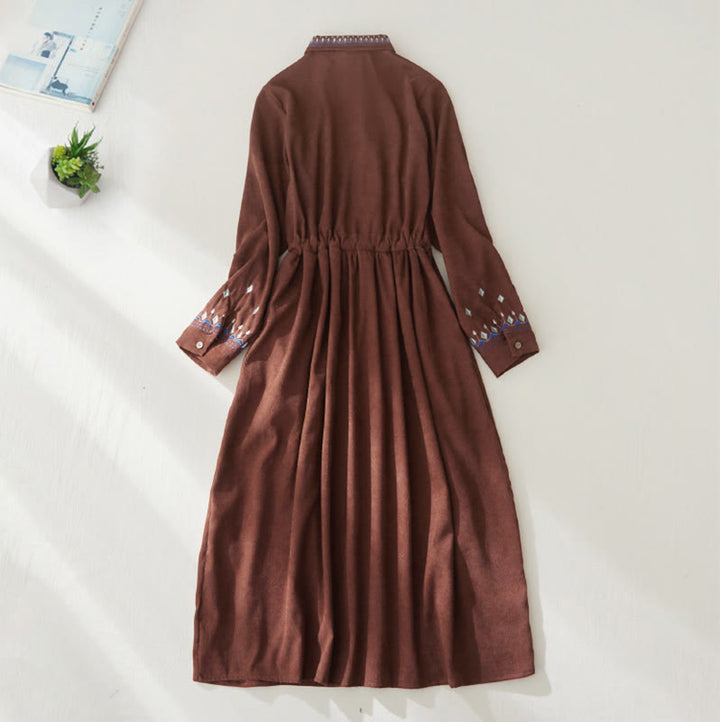 Buddha Stones Embroidered Floral Pattern Lace-up Design Long Sleeve Midi Dress With Pockets - image 1