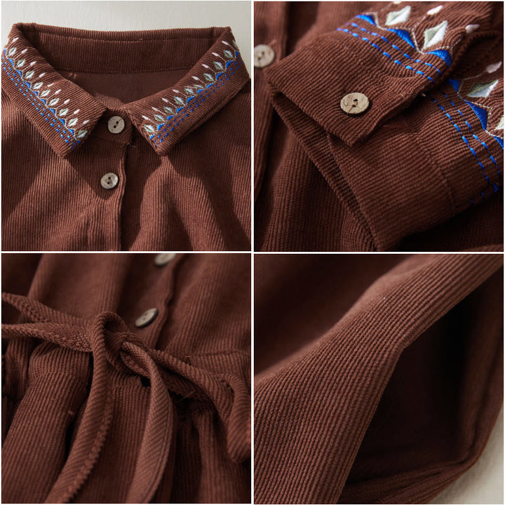 Buddha Stones Embroidered Floral Pattern Lace-up Design Long Sleeve Midi Dress With Pockets - image 6