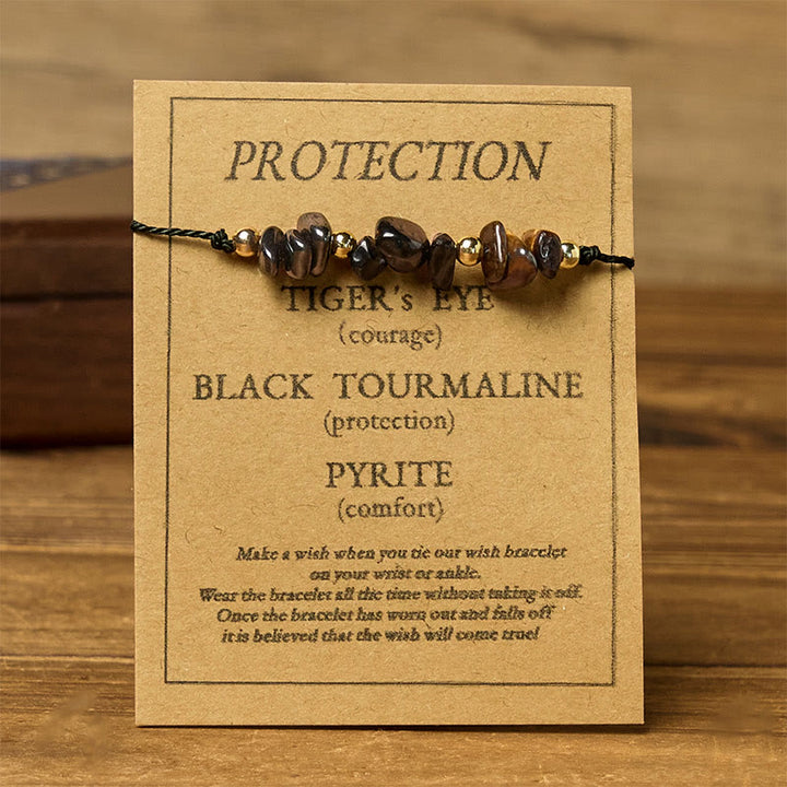Buddha Stones Tiger Eye Black Tourmaline Pyrite Protection Card Rope Bracelet - image 1