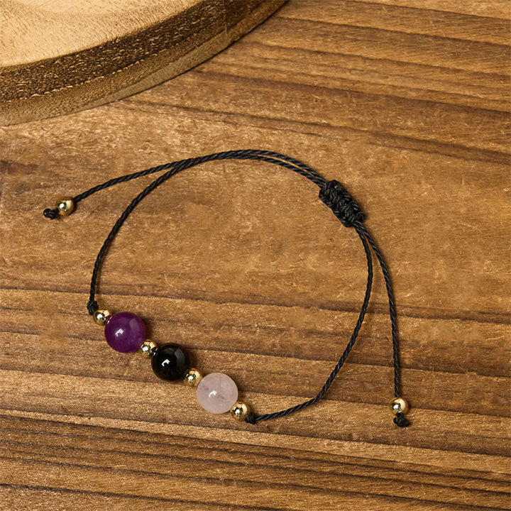 Buddha Stones Amethyst Black Tourmaline Rose Quartz Empath Card Rope Bracelet - image 12