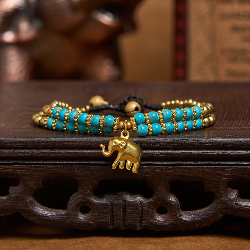Buddha Stones Turquoise Elephant Luck Double-layer Plated Copper Strength Bracelet - image 19
