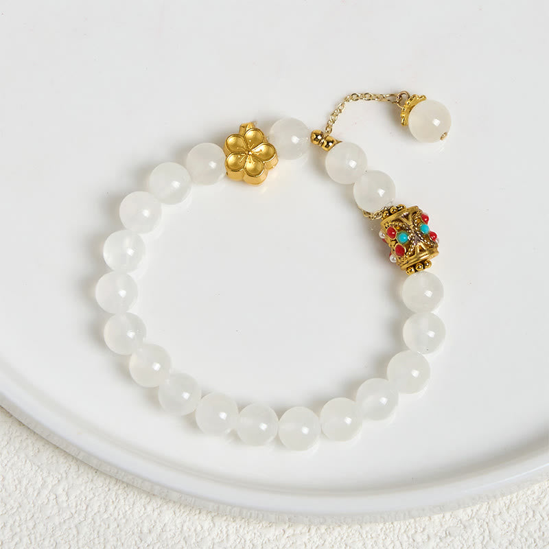 Buddha Stones Tibetan White Agate Crystal Stone Flowers Positivity Bracelet - image 2