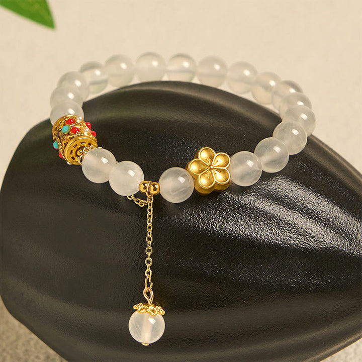 Buddha Stones Tibetan White Agate Crystal Stone Flowers Positivity Bracelet - image 1