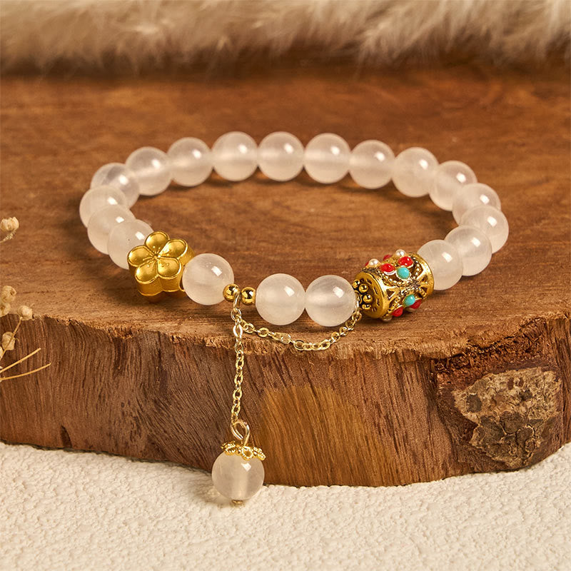 Buddha Stones Tibetan White Agate Crystal Stone Flowers Positivity Bracelet - White Agate(Wrist Circumference: 14-16cm) - image 0