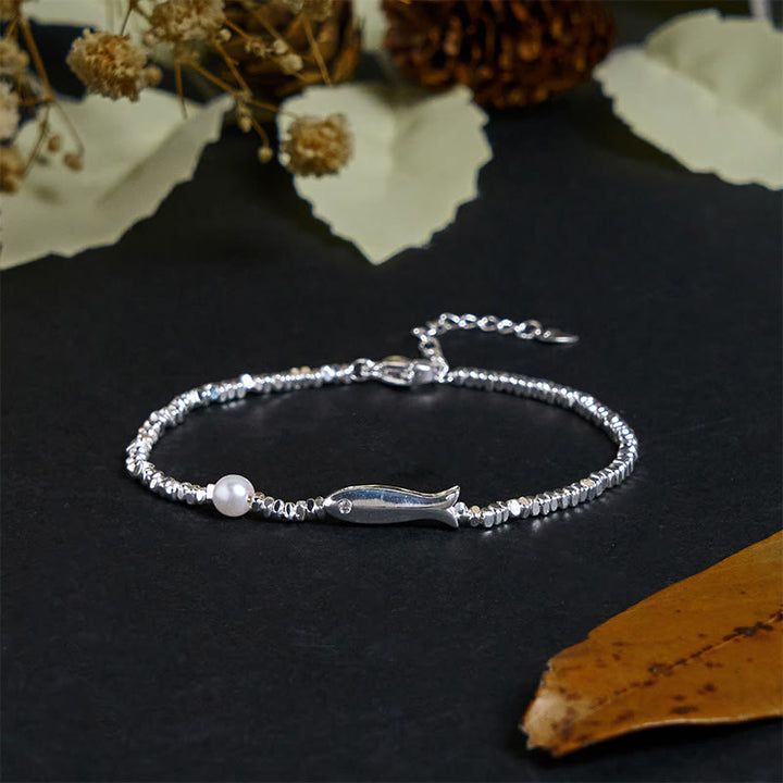 Buddha Stones Copper Plated Silver Koi Fish Pearl Luck Bracelet - image 1