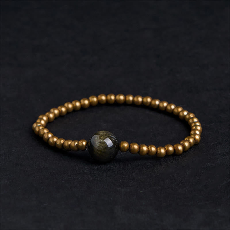 Buddha Stones Plated Copper Brass Gold Sheen Obsidian Protection Wealth Bracelet - Copper Brass & Gold Sheen Obsidian(Wrist Circumference: 14-16cm) - image 0