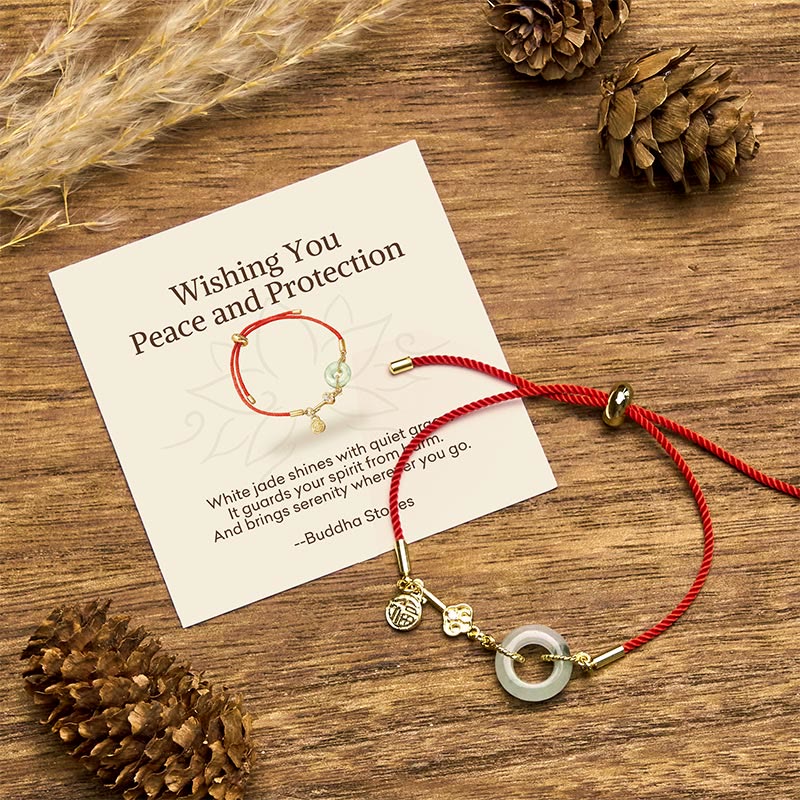 Buddha Stones "Wishing You Peace and Protection" Jade Red Rope Bracelet Includes Gift Message Card - 14-22cm - Standard Gift Box - image 0