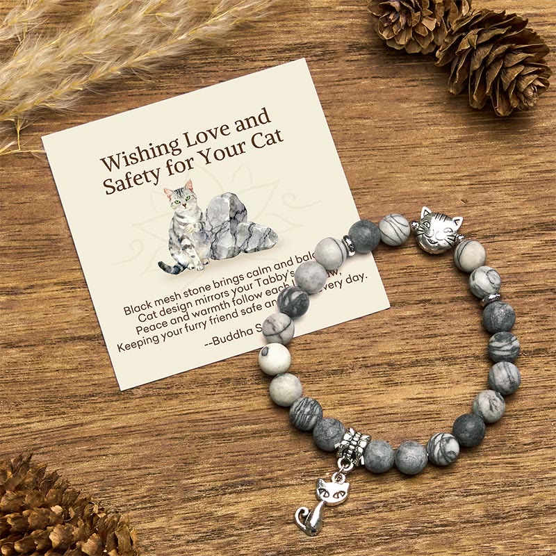 Buddha Stones "Wishing Love and Safety for Your Cat" Grey Tabby Bracelet Includes Gift Message Card - Grey Tabby Cat(Wrist Circumference 15-16cm) - Standard Gift Box - image 0