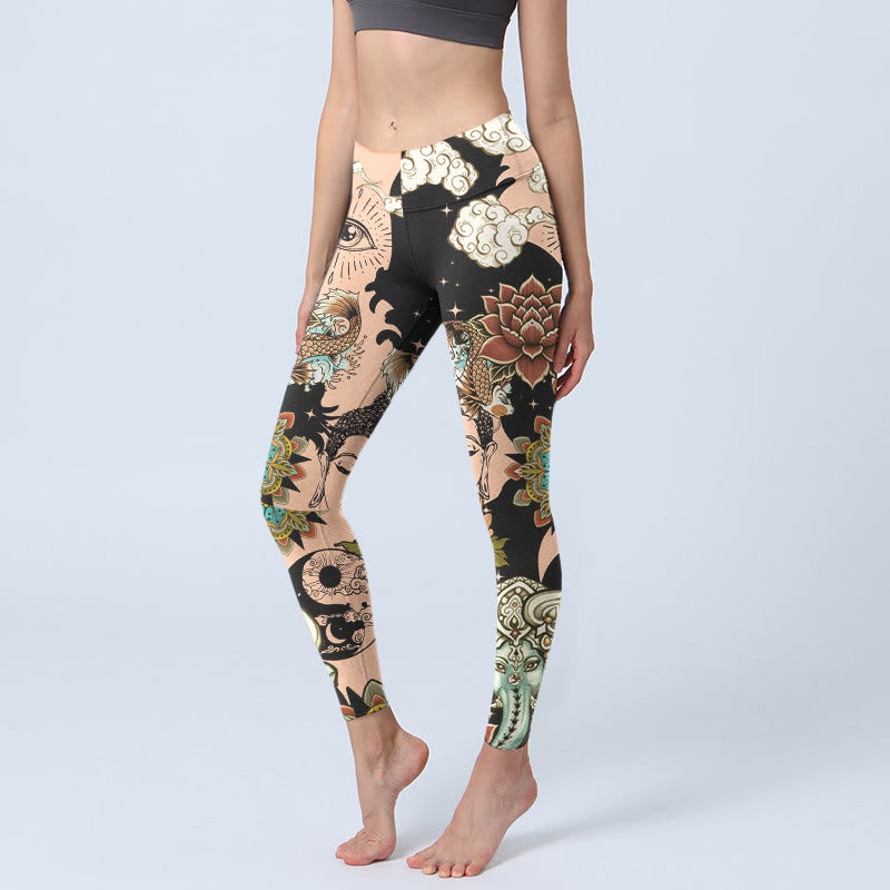 Buddha Stones Lotus Ganesh Mandala Evil Eye Koi Fish Yin Yang Shape Gym Leggings Women's Yoga Pants - Bisque - US18，UK/AU22，EU50 (4XL) - image 0