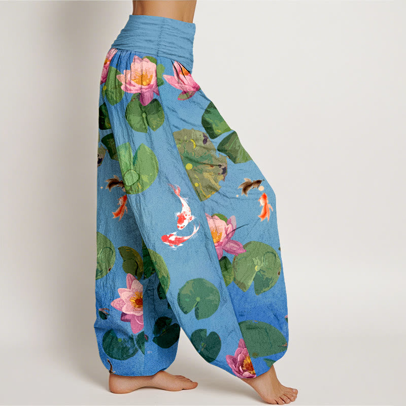 Buddha Stones Print Koi Fish Lotus Flowers Pattern Women's Elastic Waist Harem Pure Cotton Pants - image 1