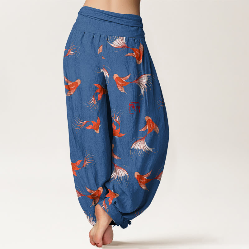 Buddha Stones Print Pure Cotton Koi Fish Pattern Women's Elastic Waist Harem Pants - image 10