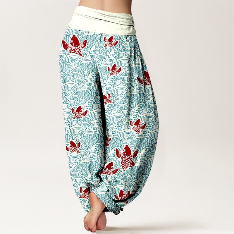 Buddha Stones Print Koi Fishes Waves Pattern Women's Elastic Waist Harem Pure Cotton Pants - image 2